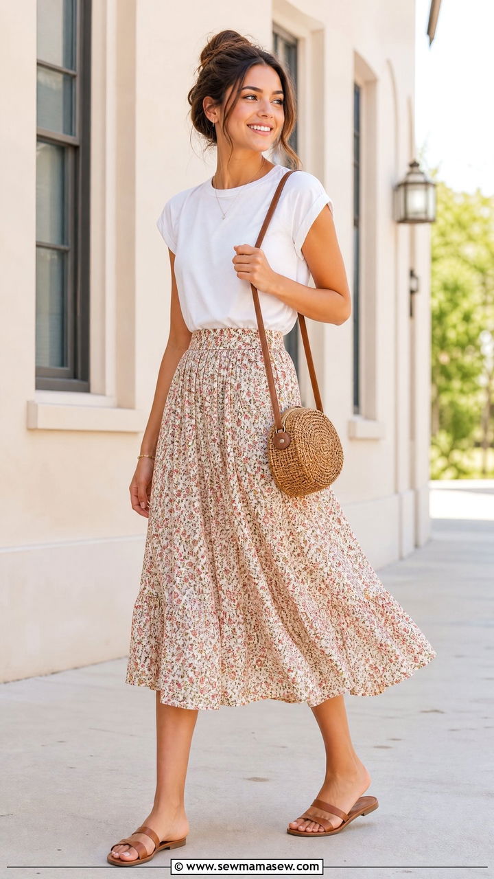 Flowy Midi Skirt with Cap Sleeve Tee and Flat Sandals - 30 summer school outfit ideas