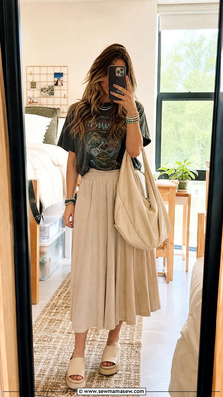 Flowy Midi Skirt with Graphic Tee and Platform Slides - 30 College campus outfit ideas 2026