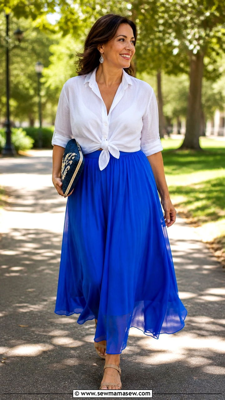 Flowy Midi Skirt with Tie Front Blouse Summer Outfit - 40 Summer outfit ideas for women over 60 2026