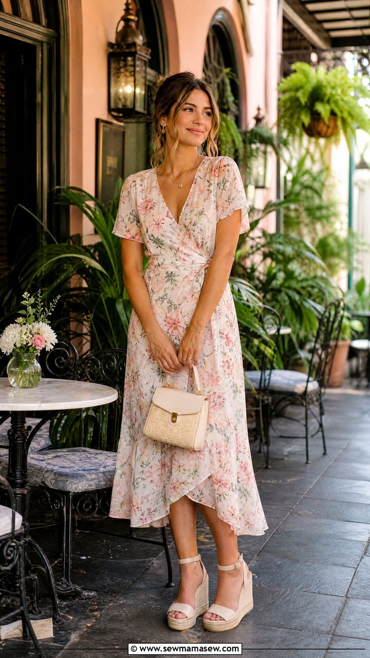 Flowy Midi Wrap Dress with Wedge Sandals for Brunch - 40 What to wear in New Orleans