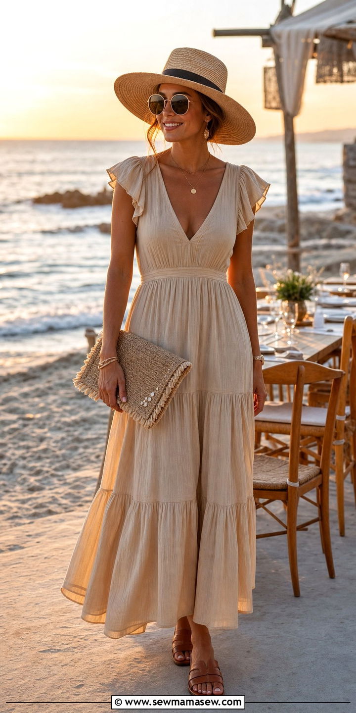 Flowy Neutral Maxi Dress With a Straw Hat - 25 coastal grandmother outfits inspo