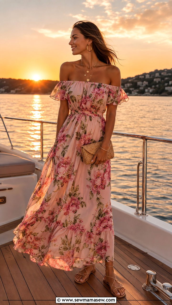 Flowy Off Shoulder Floral Maxi Dress Boat Day Look - 25 Boat day outfit ideas 2026