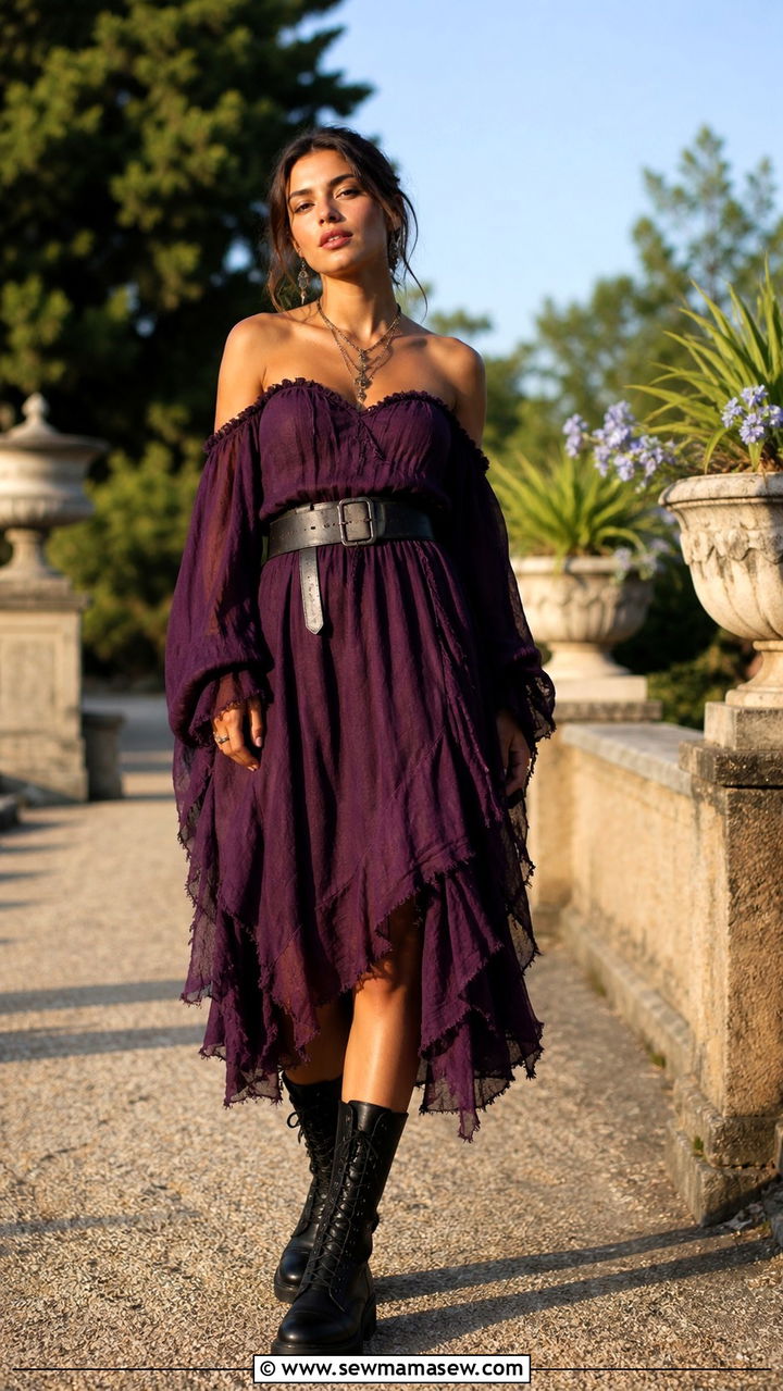 Flowy Off Shoulder Purple Dress With Combat Boots - 40 grunge outfits ideas