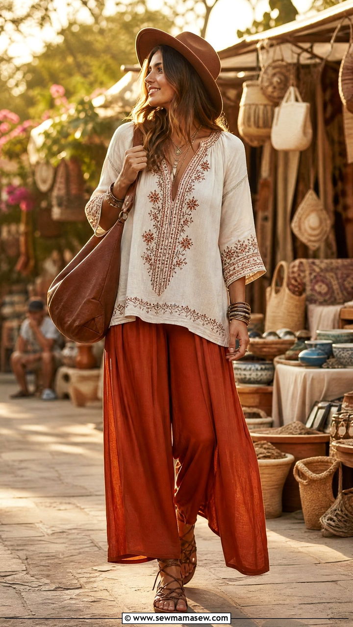 Flowy Palazzo Pants With An Embroidered Tunic And Gladiator Sandals - 25 How to style gladiator sandals