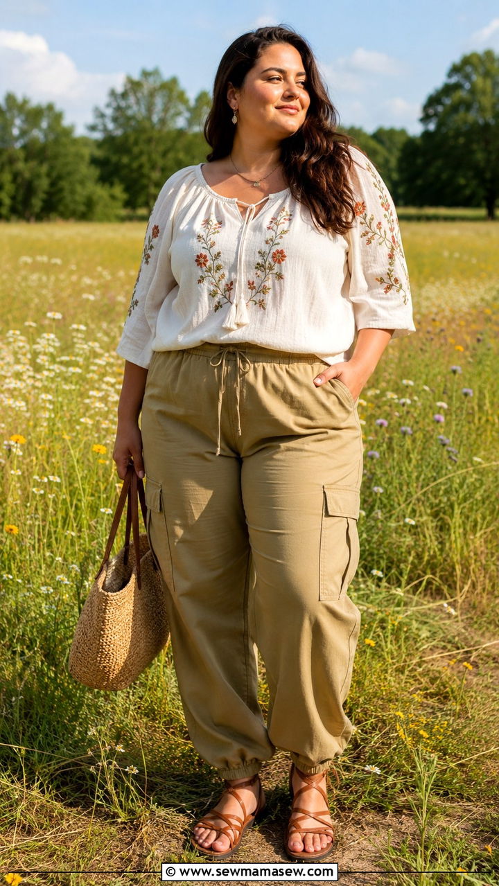 Flowy Peasant Blouse With Khaki Cargo Pants and Strappy Sandals - 30 Plus size outfit ideas with cargo pants