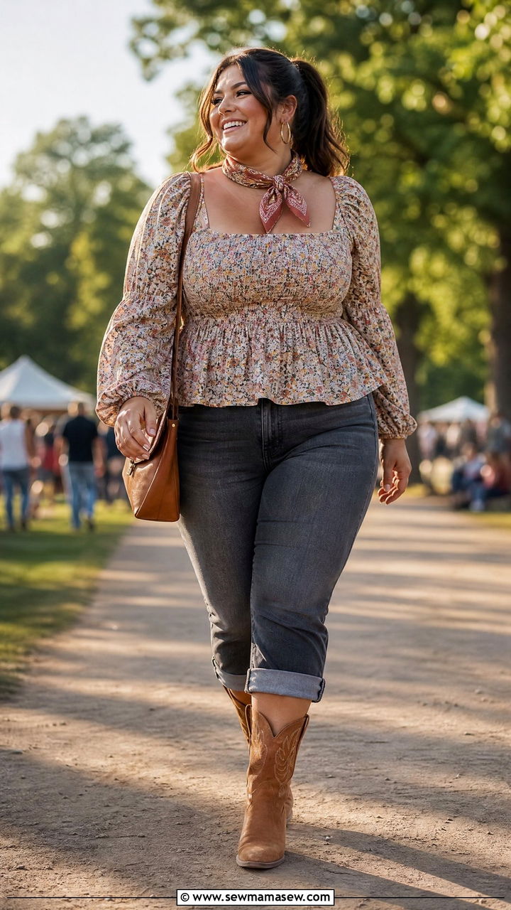 Flowy Peasant Top with Cropped Jeans and Western Boots - 30 Country concert outfit ideas plus size