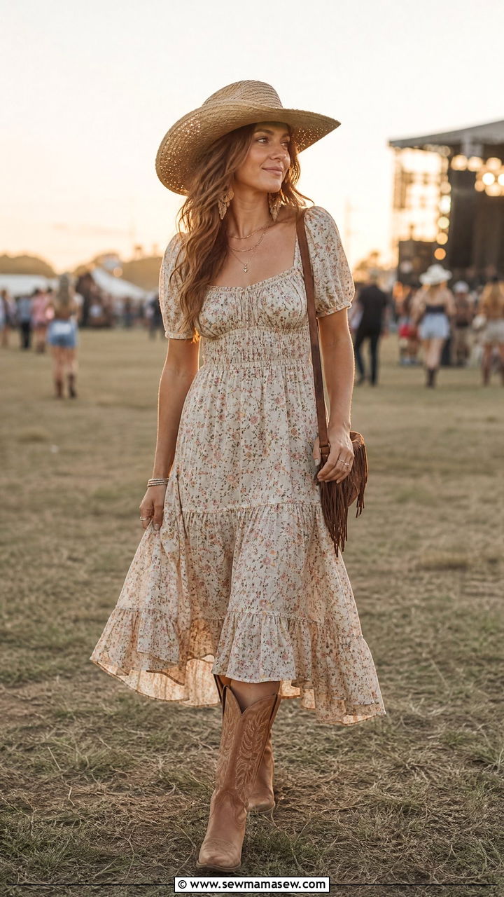Flowy Prairie Midi Dress With Tan Western Boots - 30 Country music festival outfit ideas 2026