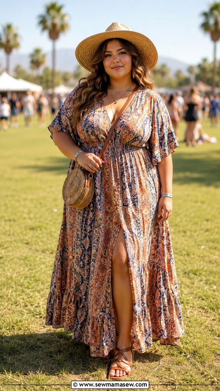 Flowy Printed Maxi Dress With Wide Brim Hat And Flat Sandals - 30 Plus size outfit ideas for festival