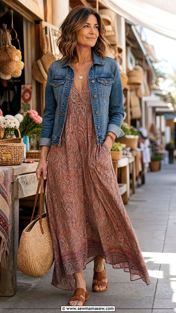 Flowy Printed Maxi Dress and Denim Jacket - 30 boho chic outfit ideas for women over 40