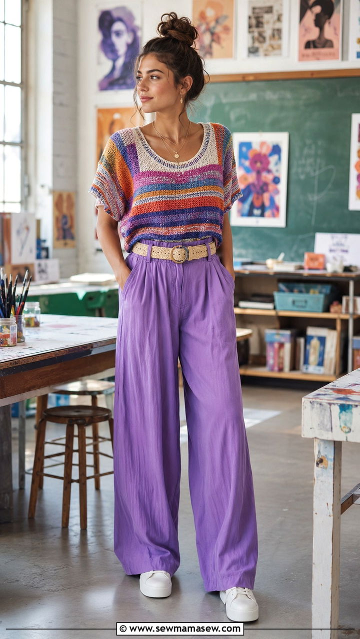 Flowy Purple Pants With Colorful Knitted Top - 30 Kindergarten teacher outfit ideas