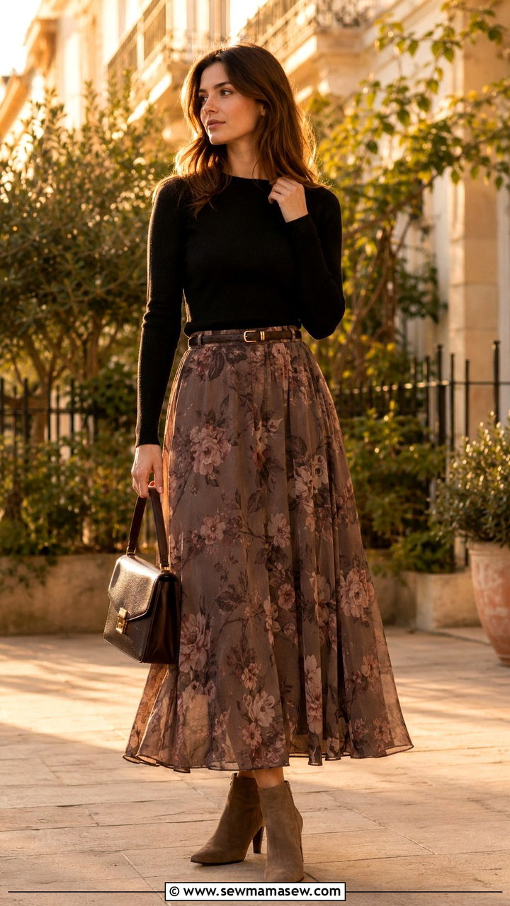 Flowy Skirt With Knit Top Outfit - 20 summer to fall outfits Pinterest