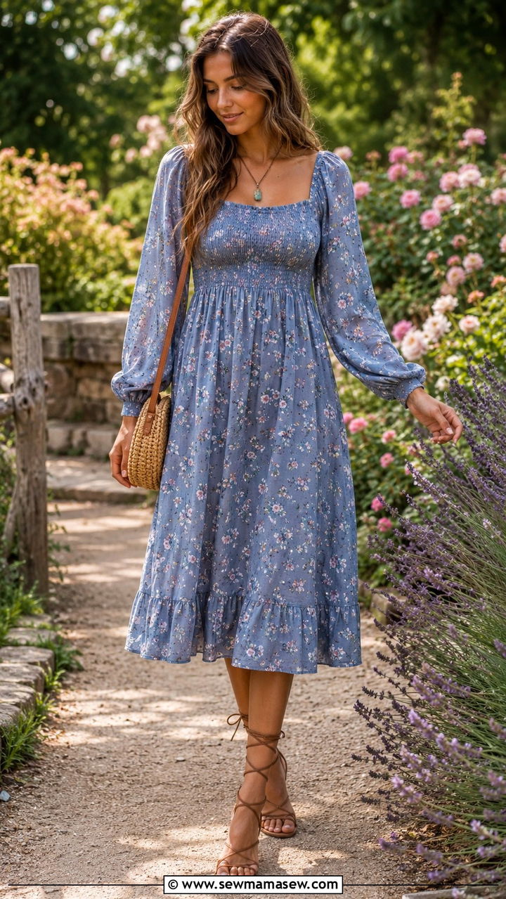 Flowy Smock Dress With Lace Up Sandals - 30 Modest outfit ideas boho