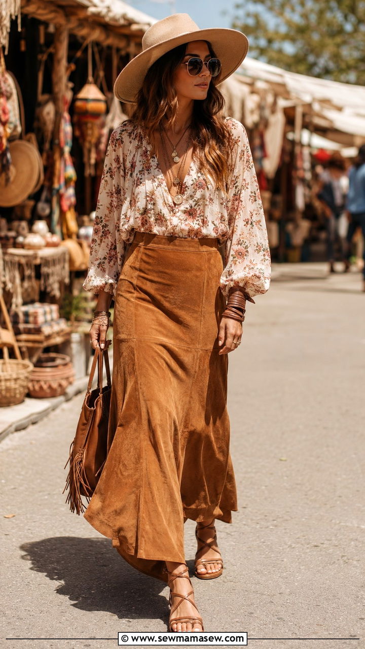 Flowy Suede Maxi Skirt With Boho Floral Blouse And Sandals - 20 Western outfit ideas with suede skirt