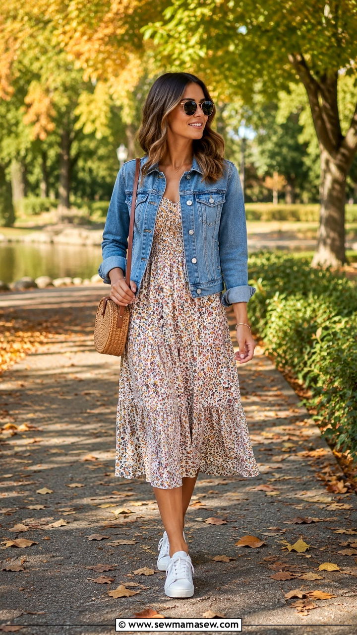 Flowy Sundress With Denim Jacket Outfit - 20 summer to fall outfits Pinterest