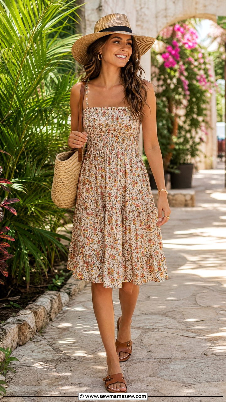 Flowy Sundress With Straw Hat And Flat Leather Sandals - 40 What to wear in Playa del Carmen