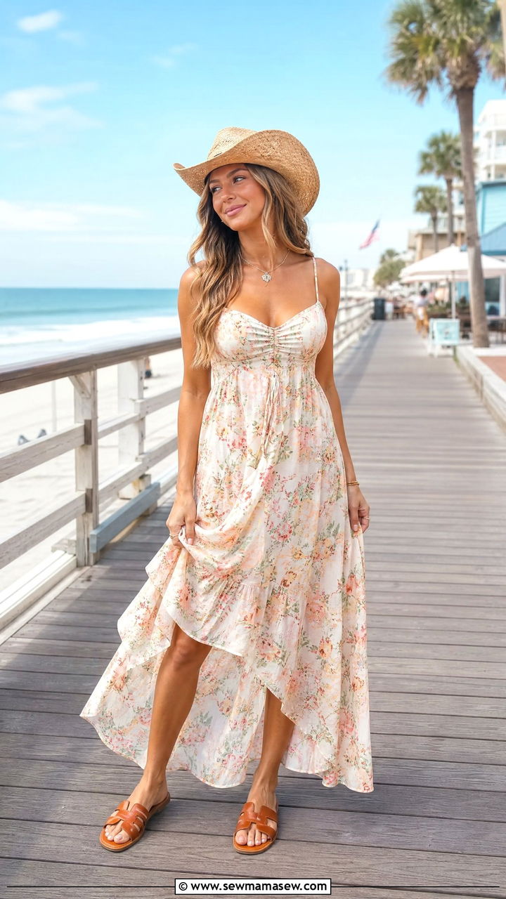 Flowy Sundress with Cowboy Hat and Sandals - 30 coastal cowgirl outfits ideas