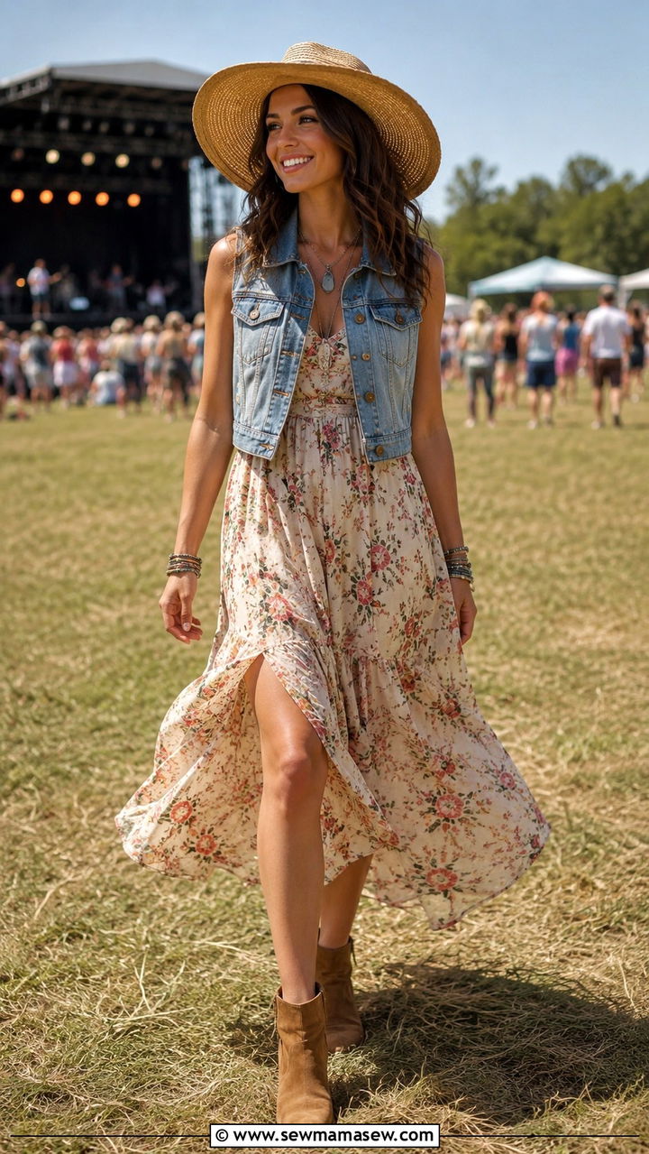Flowy Sundress with Denim Vest and Ankle Boots - 25 seasonal country concert outfit ideas