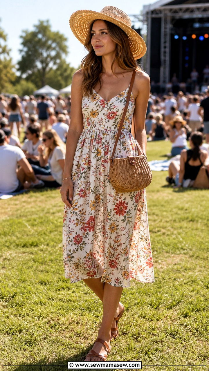 Flowy Sundress with Straw Hat and Flat Sandals - 40 Summer concert outfits