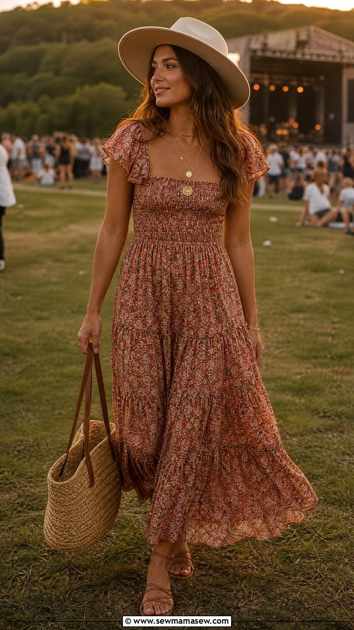 Flowy Tiered Maxi Dress With Sandals - 30 classy summer concert outfit ideas