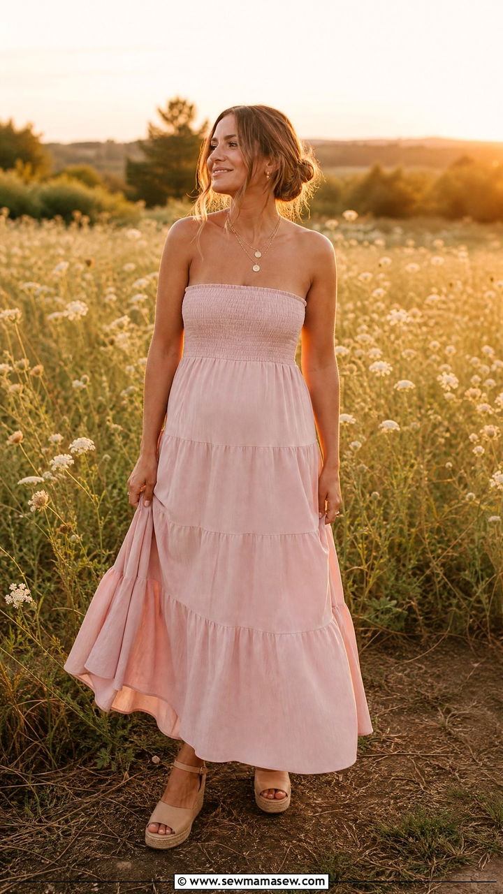 Flowy Tiered Maxi Dress with Layered Necklaces and Wedge Sandals - 20 Postpartum outfit ideas still looks pregnant