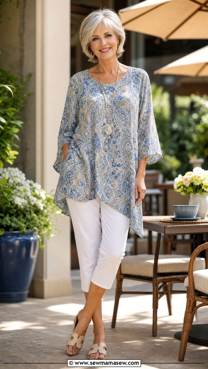Flowy Tunic With Capri Pants And Slide Sandals - 35 Brunch outfits for women over 60