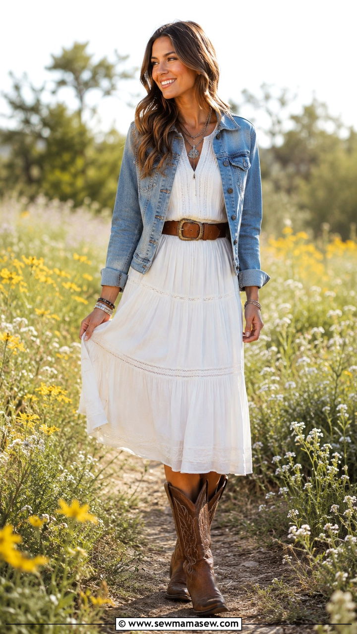 Flowy White Dress With Tall Western Boots - 30 transitional western outfit ideas