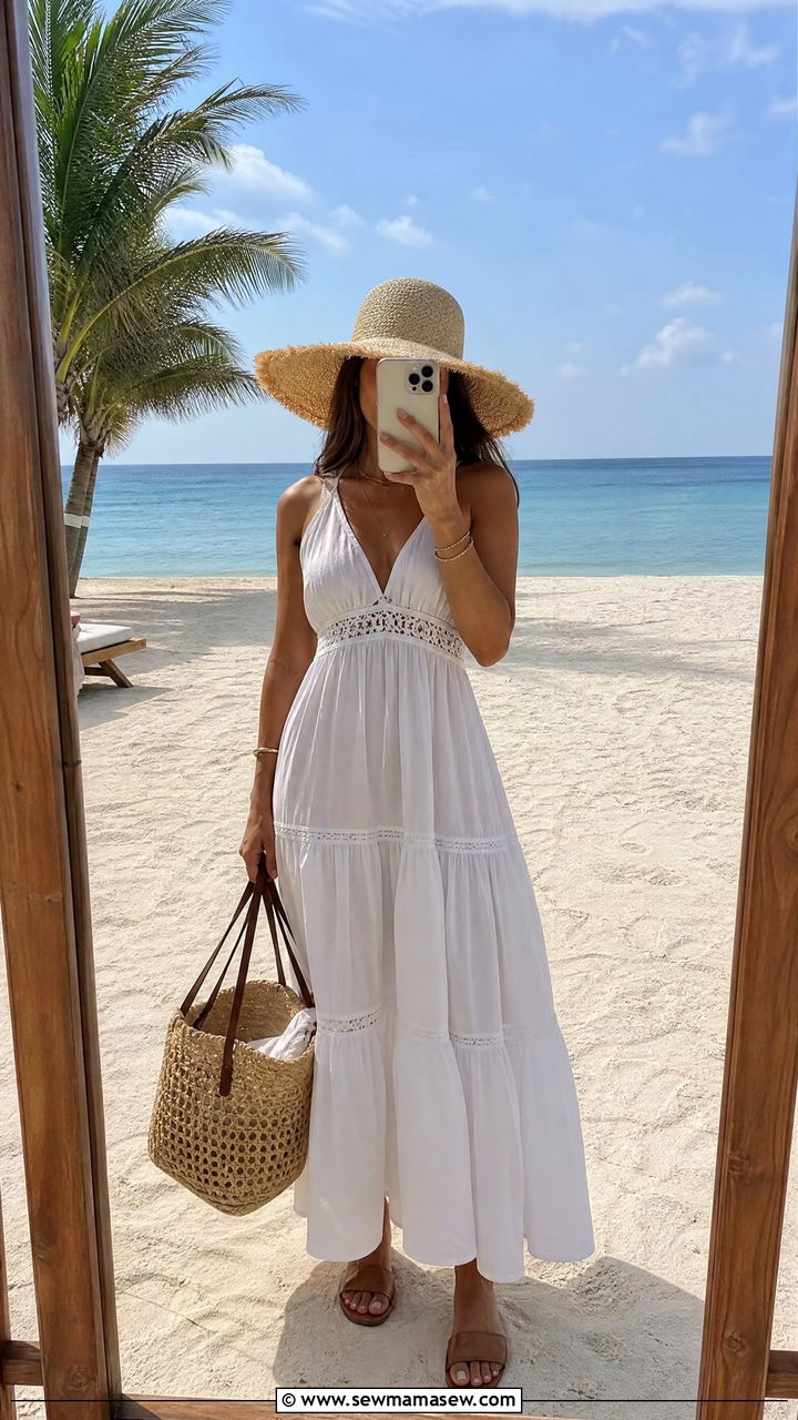 Flowy White Maxi Dress And Straw Hat - 40 summer beach vacation outfit ideas