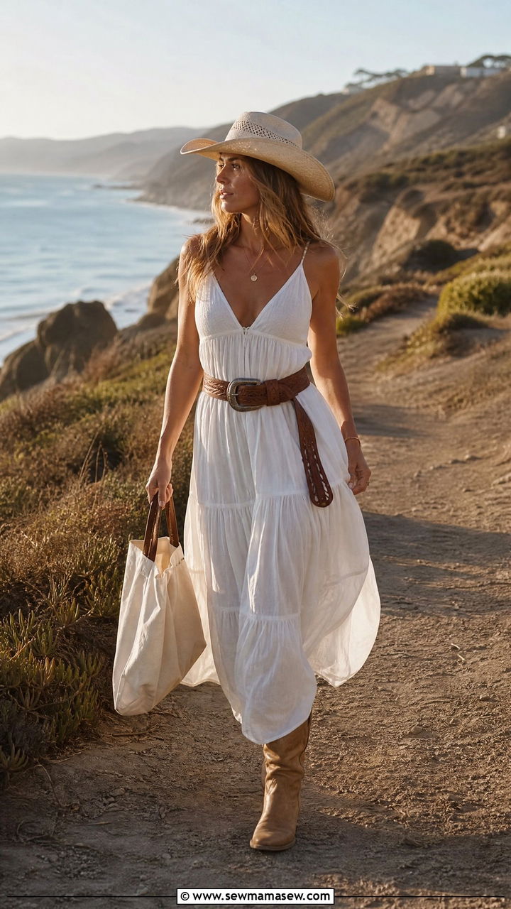 Flowy White Maxi Dress With Brown Leather Belt And Cowboy Boots - 25 classy coastal cowgirl outfit ideas