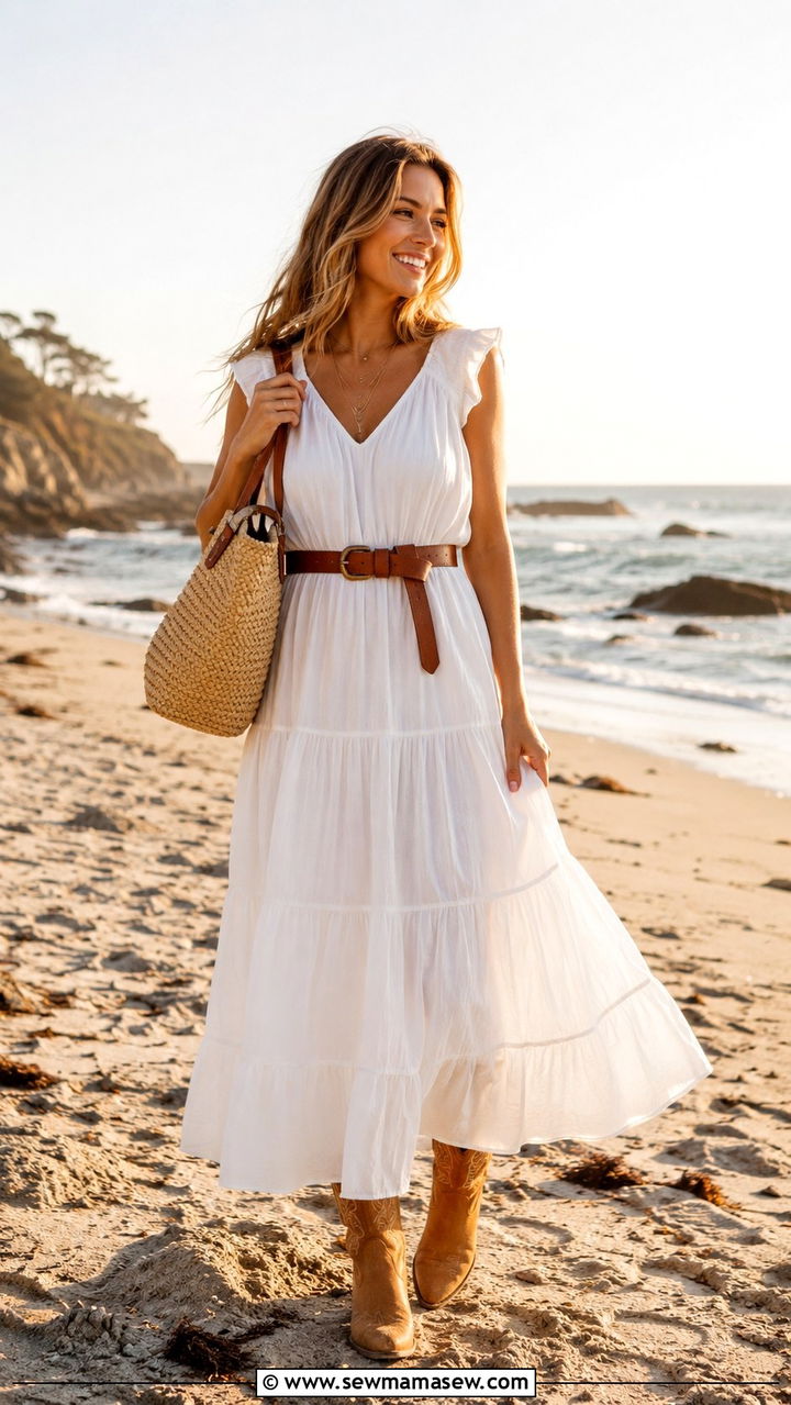Flowy White Maxi Dress with Tan Cowboy Boots - 20 cute coastal cowgirl outfits