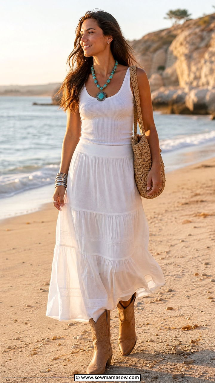 Flowy White Maxi Skirt With White Top and Cowboy Boots - 25 casual coastal cowgirl outfits