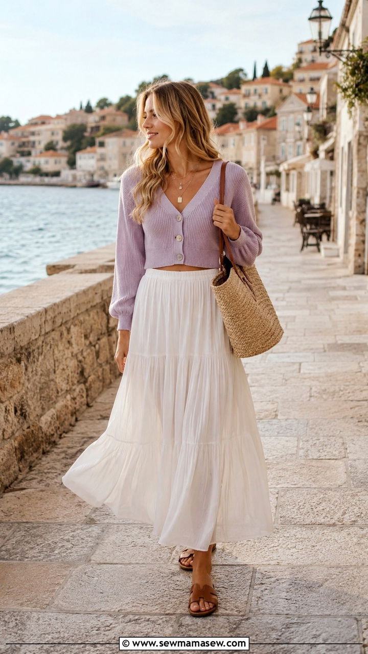 Flowy White Maxi Skirt with Cropped Cardigan - 30 classy romantic outfits