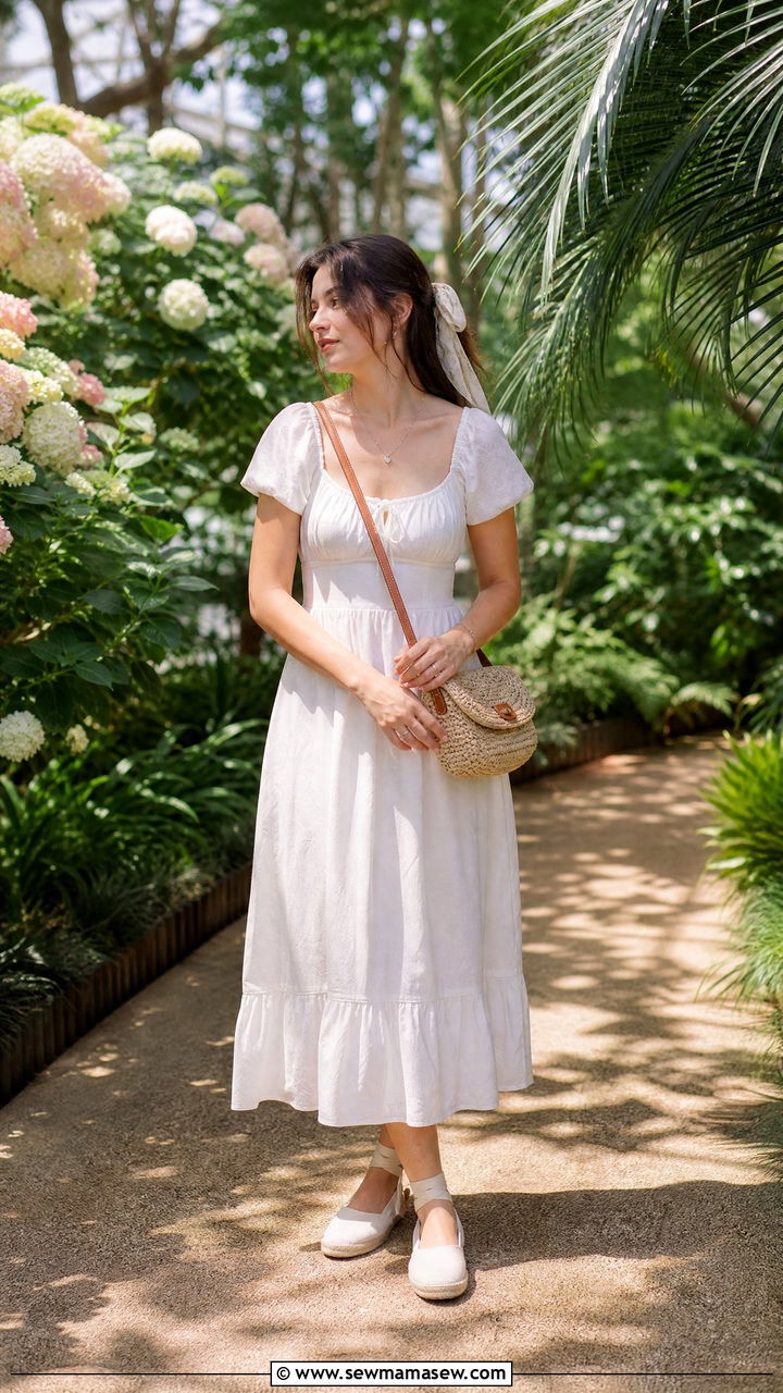 Flowy White Midi Dress And Woven Bag Outfit - 25 light academia outfits 2026
