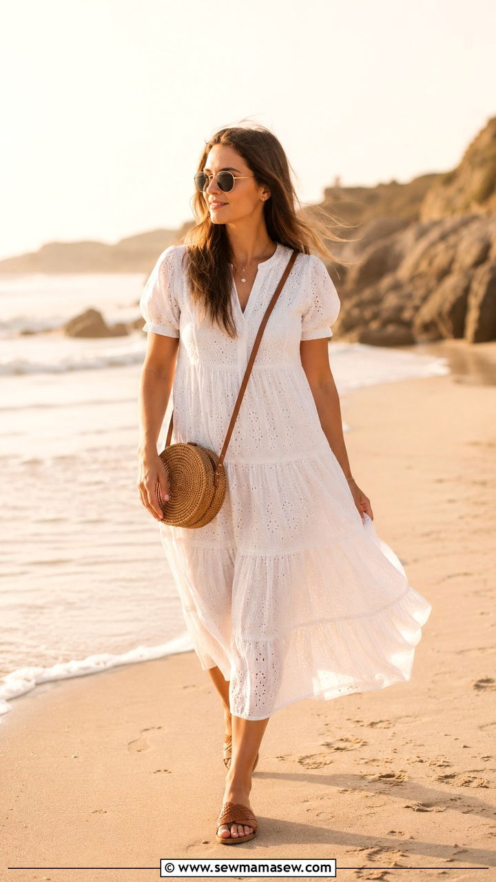 Flowy White Midi Dress With Flat Sandals - 25 Beach walk outfit ideas