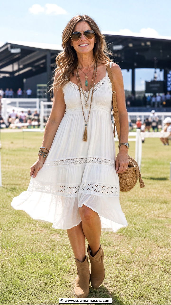 Flowy White Sundress With Cowboy Boots - 30 country concert outfits for women over 40