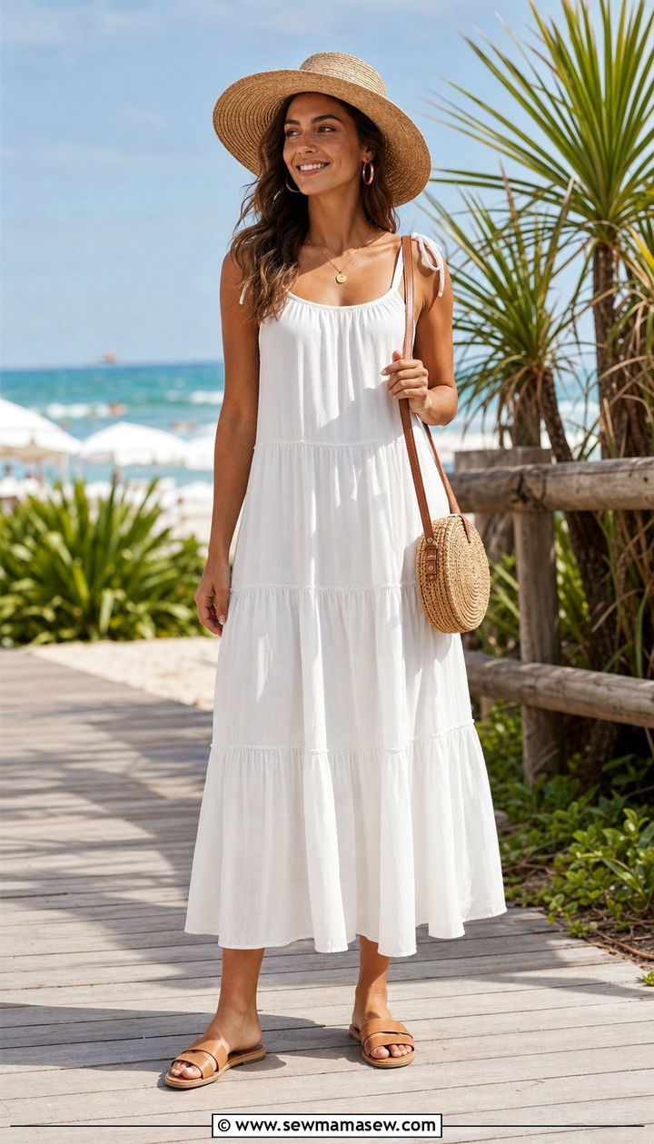Flowy White Sundress with Woven Accessories - 25 Early July outfit ideas