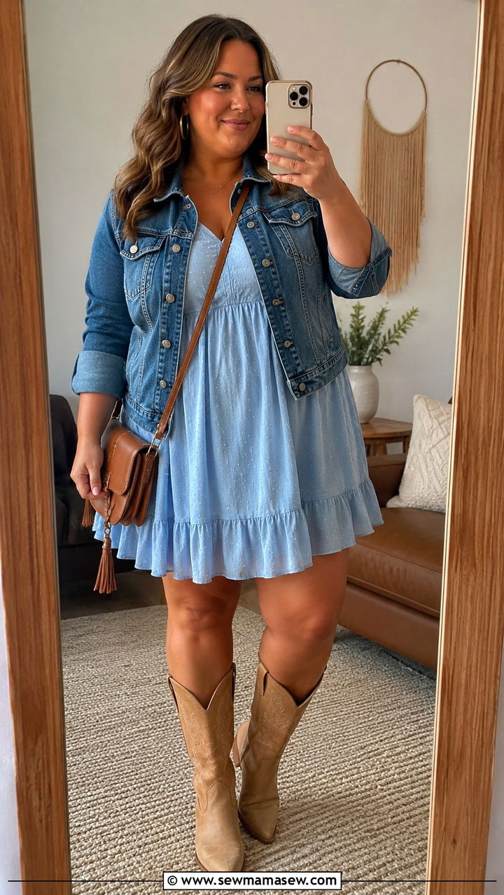 Flowy babydoll dress with denim jacket - 30 plus size country concert outfit ideas