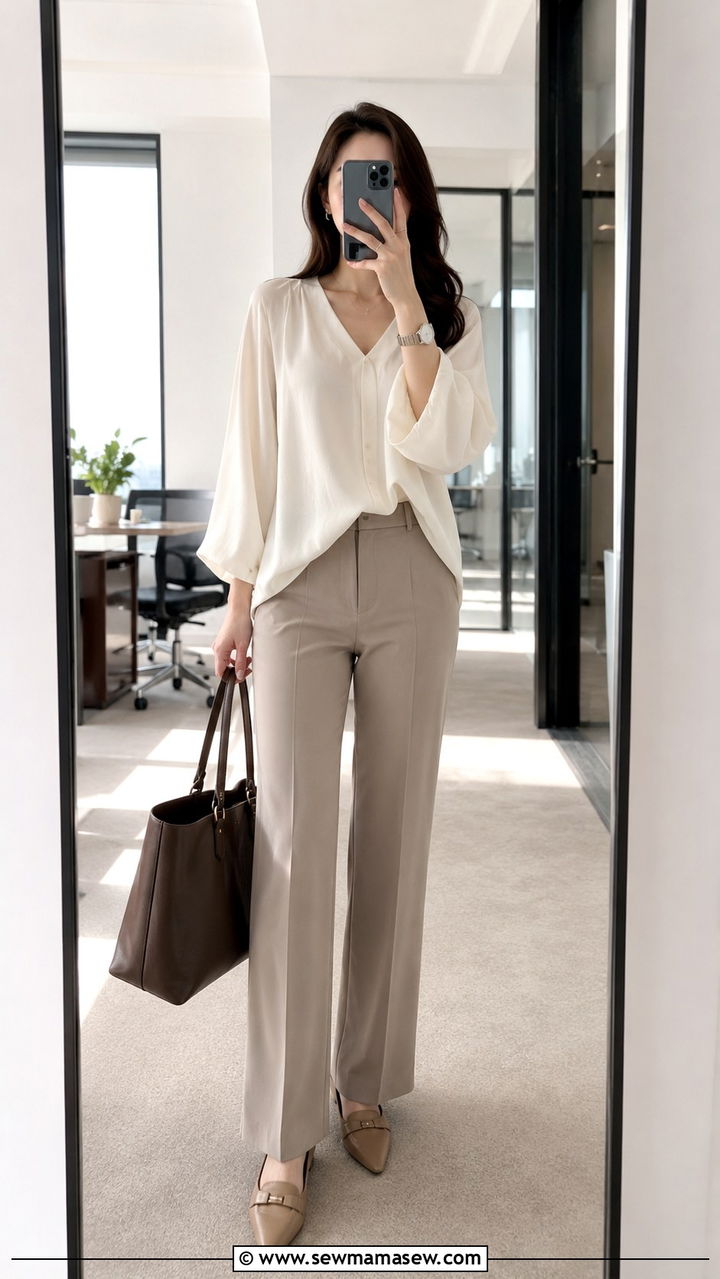 Flowy blouse with relaxed tailored trousers - 30 Outfit ideas for apple shape