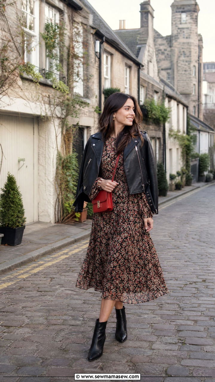 Flowy dress and leather jacket edgy - 30 Edinburgh outfit ideas