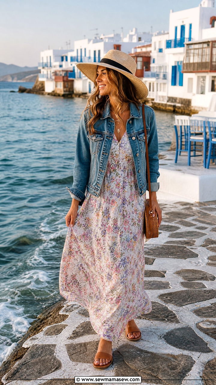 Flowy floral maxi dress and denim jacket - 25 Greece spring outfit ideas