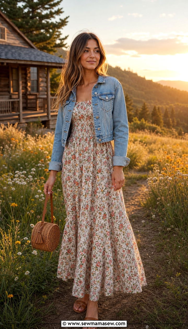 Flowy floral maxi dress with a denim jacket and flat sandals - 25 Summer cabin outfits