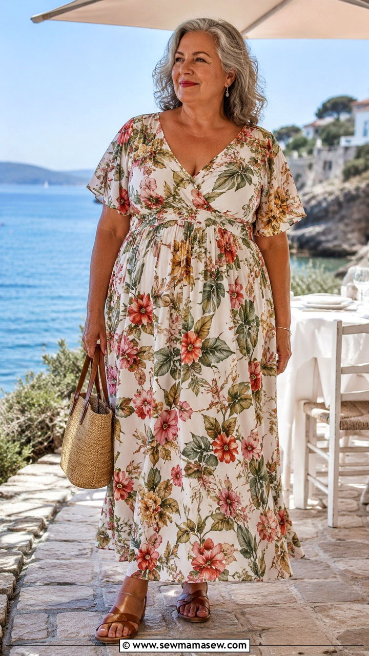 Flowy floral maxi dress with flat leather sandals - 30 Plus size outfit ideas for women over 60