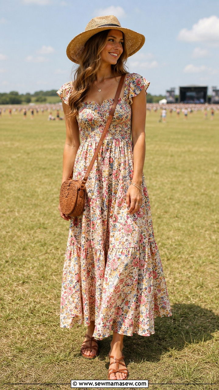 Flowy floral maxi dress with straw hat and flat sandals - 30 modest summer concert outfit ideas
