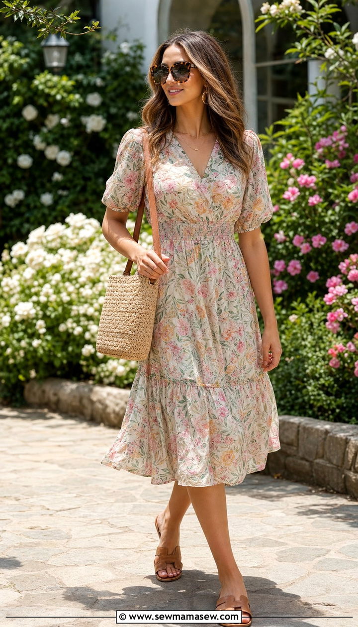Flowy floral midi dress with a woven straw bucket bag - 35 Bucket bag outfit ideas