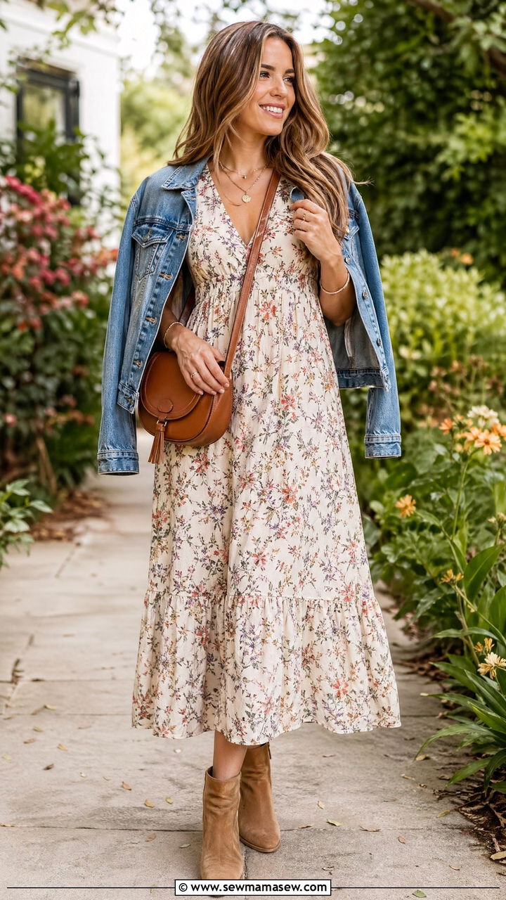 Flowy floral midi dress with ankle boots - 35 Elevated brunch outfit ideas