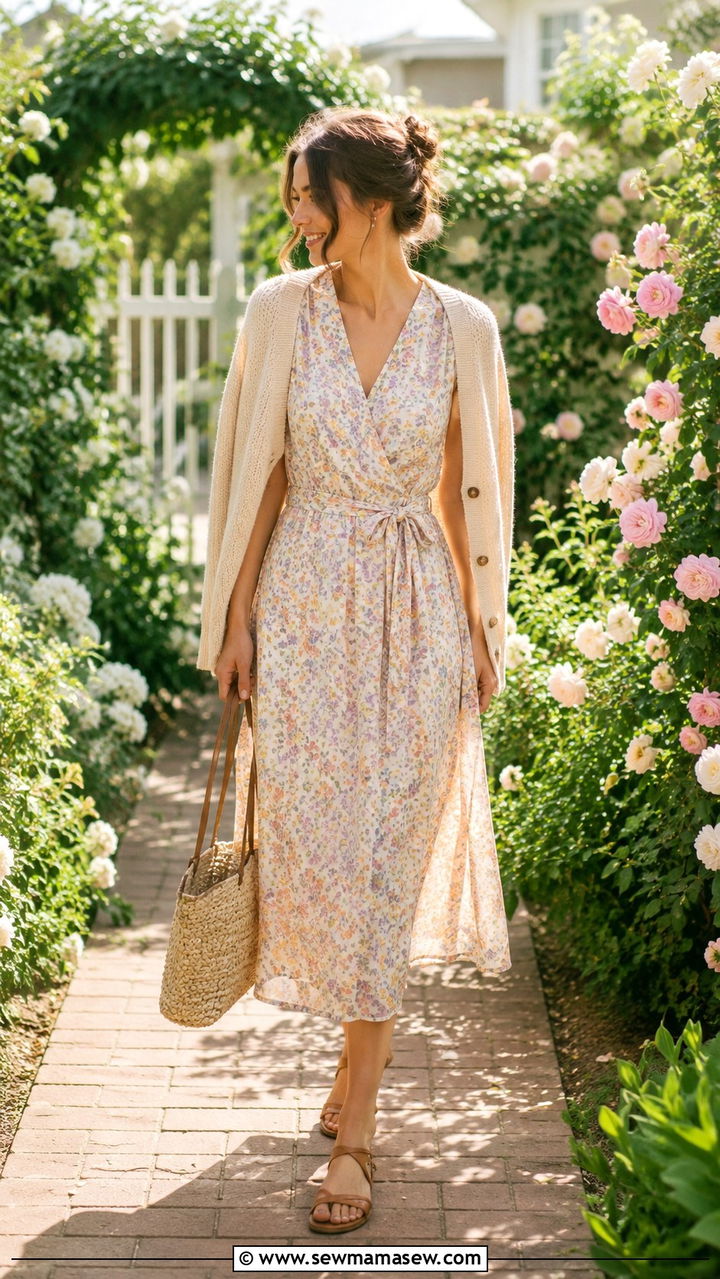 Flowy floral midi dress with sandals and light cardigan - 20 cute Pinterest outfits