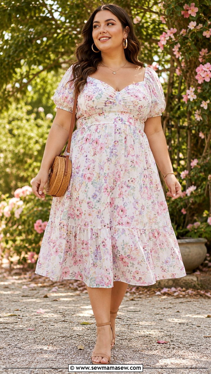 Flowy floral midi dress with strappy sandals - 30 Plus size outfit ideas spring 2026