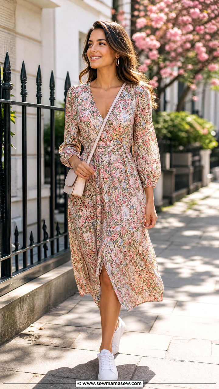 Flowy floral midi dress with white sneakers outfit - 20 Spring outfits for 80 degree weather