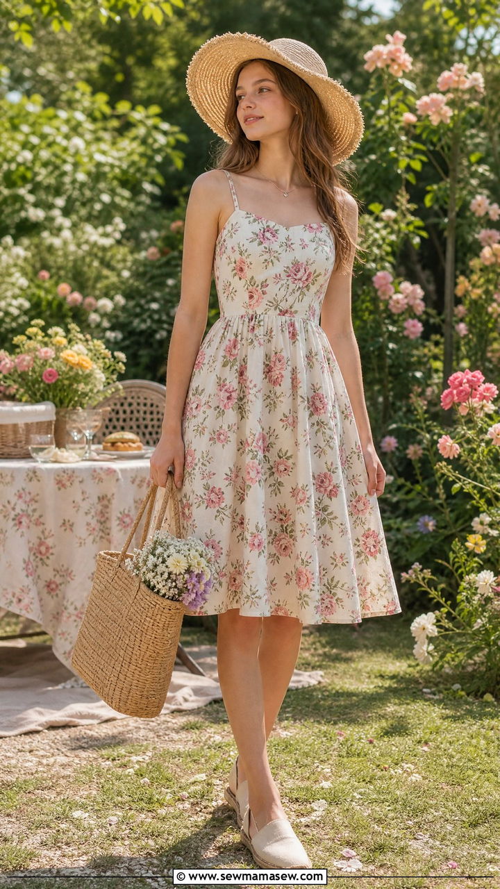 Flowy floral sundress with a straw hat outfit - 30 Summer outfit ideas for teens
