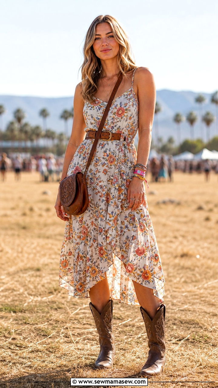 Flowy floral sundress with worn in cowboy boots - 40 Western summer outfits