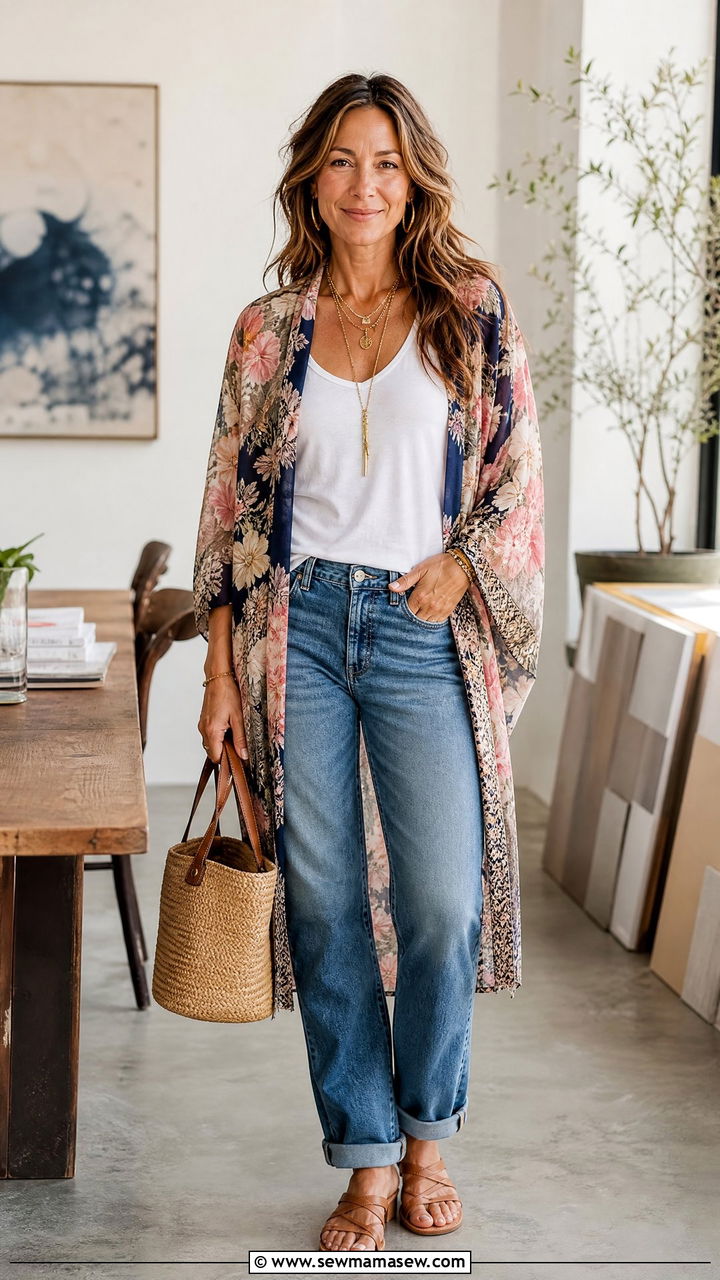 Flowy kimono and white tank top outfit - 30 Summer capsule wardrobe over 40